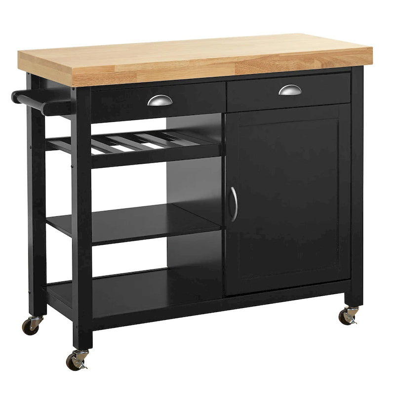 White Rolling Kitchen Cart with Wine Rack - Multi-Purpose Storage