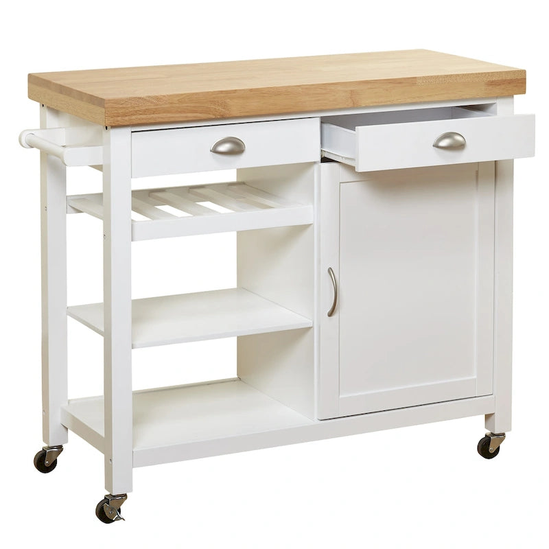 White Rolling Kitchen Cart with Wine Rack - Multi-Purpose Storage