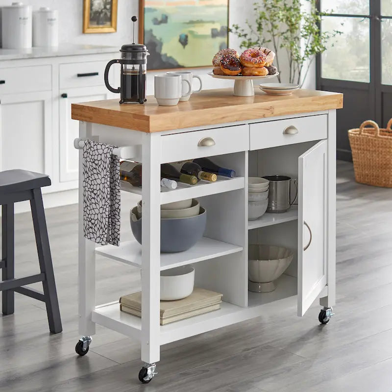 White Rolling Kitchen Cart with Wine Rack - Multi-Purpose Storage