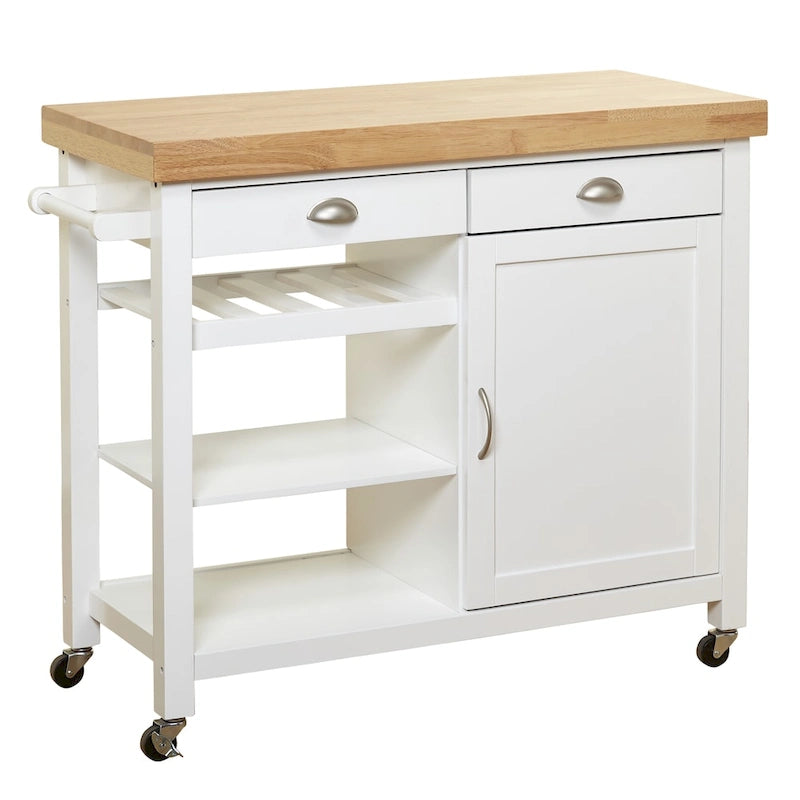 White Rolling Kitchen Cart with Wine Rack - Multi-Purpose Storage