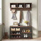 Industrial Black Metal Coat Rack with Shoe Bench - 5-in-1 Entryway Organizer