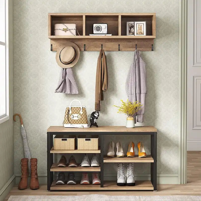 Industrial Black Metal Coat Rack with Shoe Bench - 5-in-1 Entryway Organizer