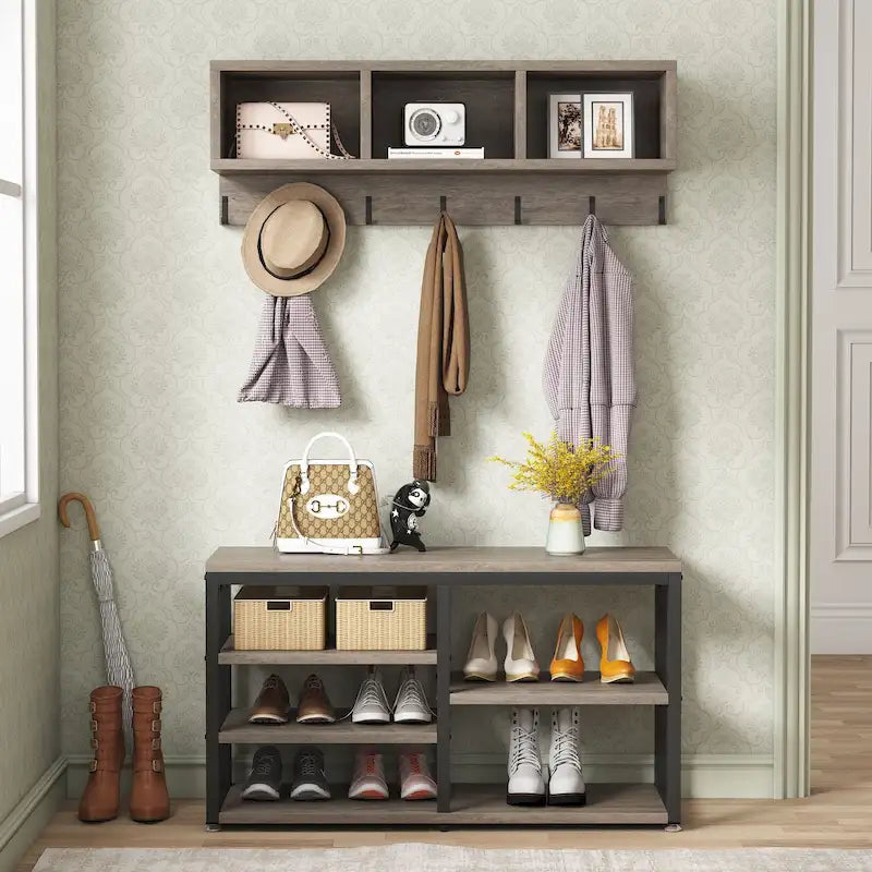 Industrial Black Metal Coat Rack with Shoe Bench - 5-in-1 Entryway Organizer