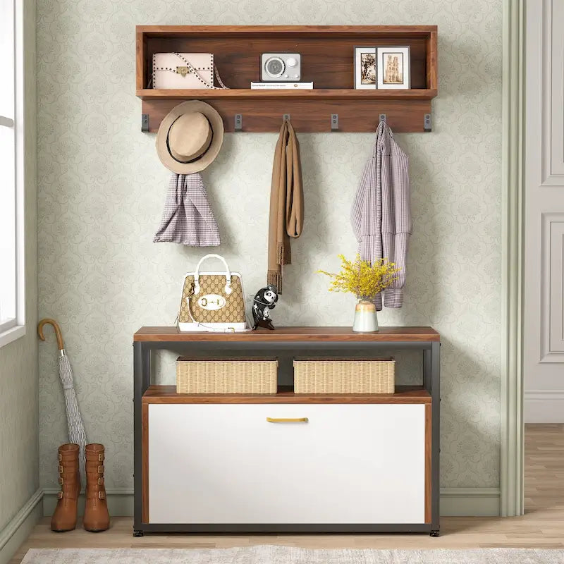 Industrial Black Metal Coat Rack with Shoe Bench - 5-in-1 Entryway Organizer