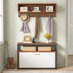 Industrial Black Metal Coat Rack with Shoe Bench - 5-in-1 Entryway Organizer