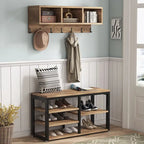 Industrial Black Metal Coat Rack with Shoe Bench - 5-in-1 Entryway Organizer