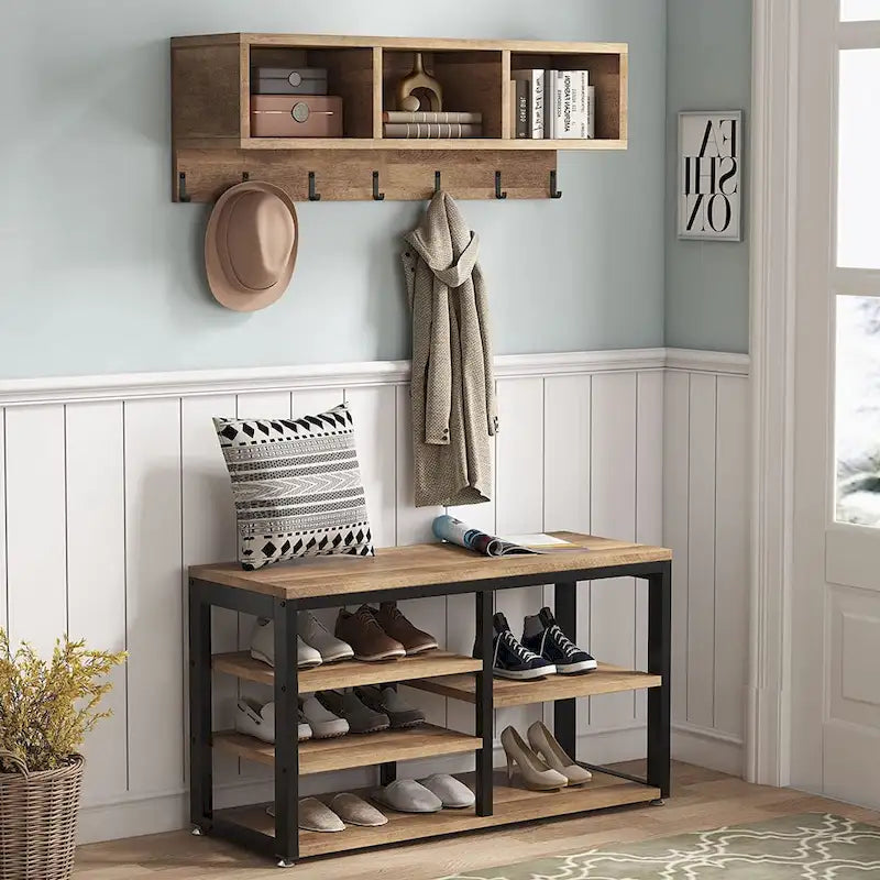 Industrial Black Metal Coat Rack with Shoe Bench - 5-in-1 Entryway Organizer