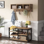 Industrial Black Metal Coat Rack with Shoe Bench - 5-in-1 Entryway Organizer