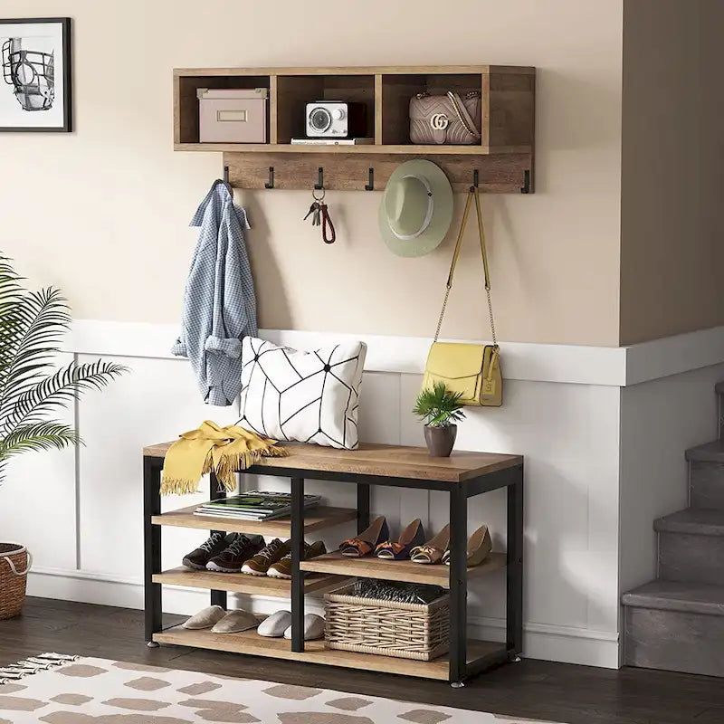 Industrial Black Metal Coat Rack with Shoe Bench - 5-in-1 Entryway Organizer