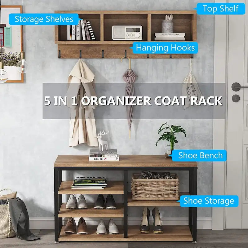 Industrial Black Metal Coat Rack with Shoe Bench - 5-in-1 Entryway Organizer