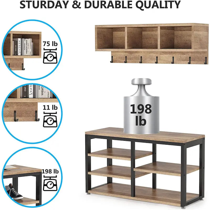Industrial Black Metal Coat Rack with Shoe Bench - 5-in-1 Entryway Organizer