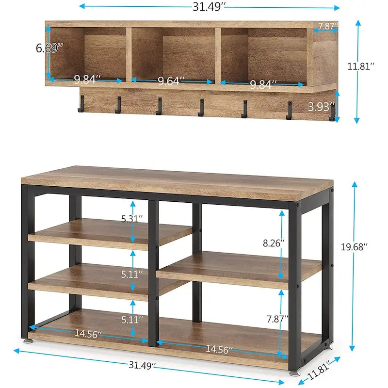 Industrial Black Metal Coat Rack with Shoe Bench - 5-in-1 Entryway Organizer