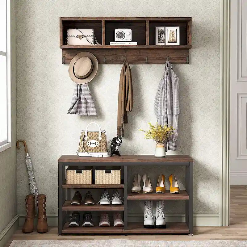Industrial Black Metal Coat Rack with Shoe Bench - 5-in-1 Entryway Organizer