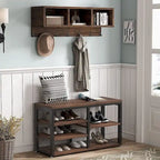 Industrial Black Metal Coat Rack with Shoe Bench - 5-in-1 Entryway Organizer