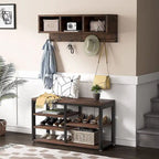 Industrial Black Metal Coat Rack with Shoe Bench - 5-in-1 Entryway Organizer