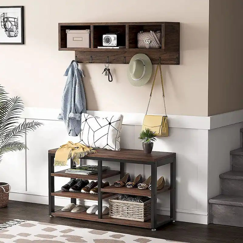 Industrial Black Metal Coat Rack with Shoe Bench - 5-in-1 Entryway Organizer