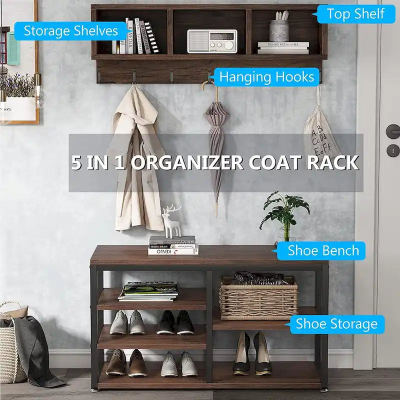 Industrial Black Metal Coat Rack with Shoe Bench - 5-in-1 Entryway Organizer