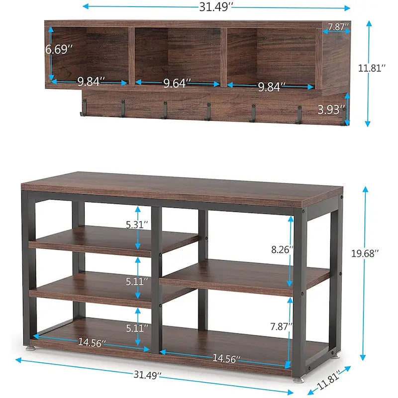 Industrial Black Metal Coat Rack with Shoe Bench - 5-in-1 Entryway Organizer