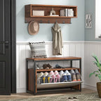 Industrial Black Metal Coat Rack with Shoe Bench - 5-in-1 Entryway Organizer