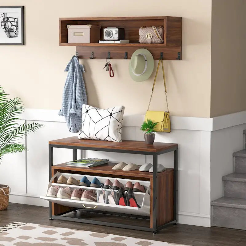 Industrial Black Metal Coat Rack with Shoe Bench - 5-in-1 Entryway Organizer