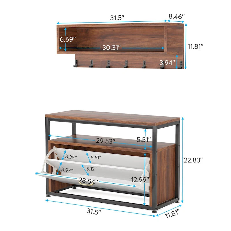 Industrial Black Metal Coat Rack with Shoe Bench - 5-in-1 Entryway Organizer