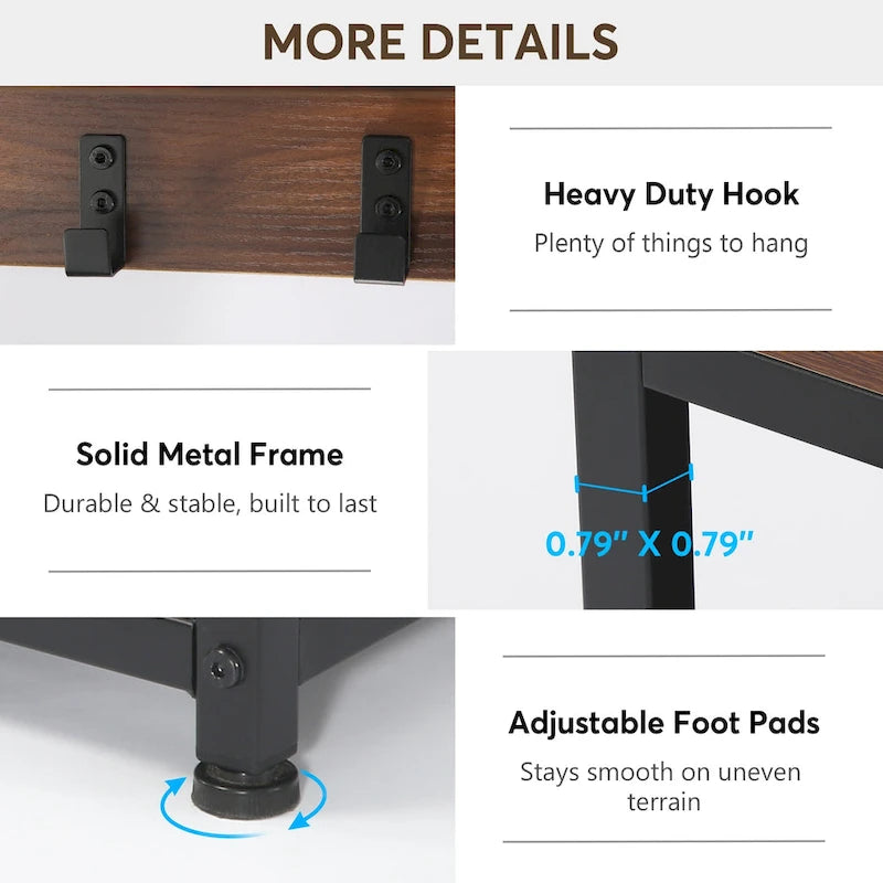 Industrial Black Metal Coat Rack with Shoe Bench - 5-in-1 Entryway Organizer