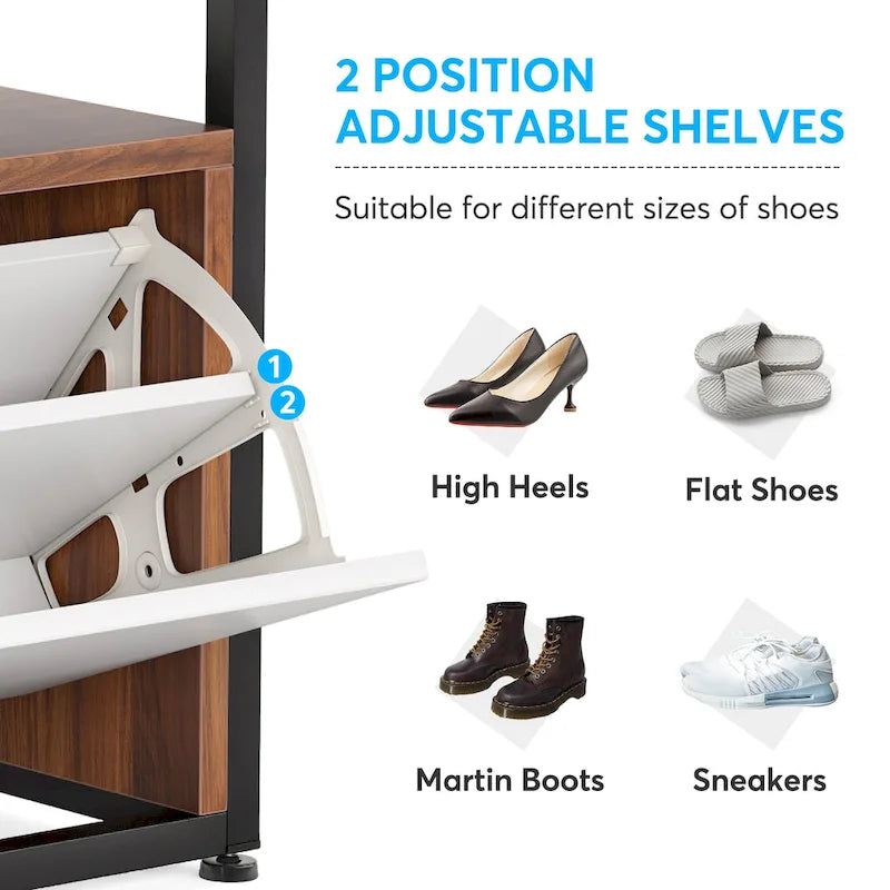Industrial Black Metal Coat Rack with Shoe Bench - 5-in-1 Entryway Organizer
