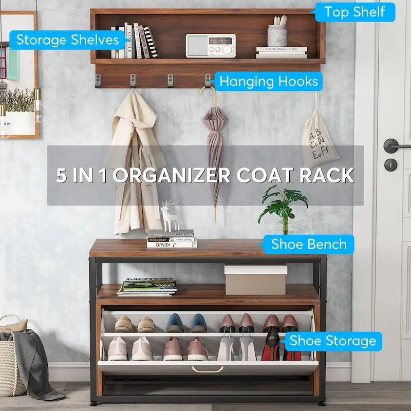 Industrial Black Metal Coat Rack with Shoe Bench - 5-in-1 Entryway Organizer