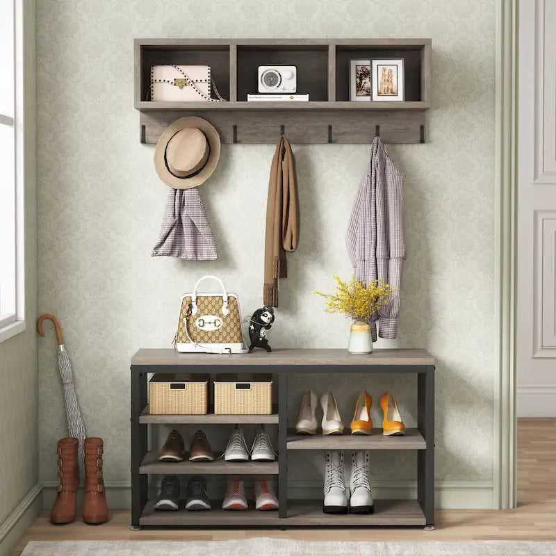 Industrial Black Metal Coat Rack with Shoe Bench - 5-in-1 Entryway Organizer