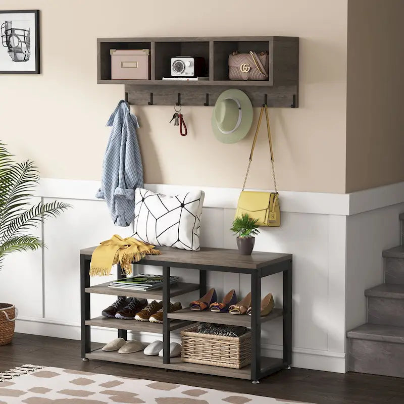 Industrial Black Metal Coat Rack with Shoe Bench - 5-in-1 Entryway Organizer