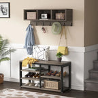 Industrial Black Metal Coat Rack with Shoe Bench - 5-in-1 Entryway Organizer