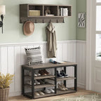 Industrial Black Metal Coat Rack with Shoe Bench - 5-in-1 Entryway Organizer