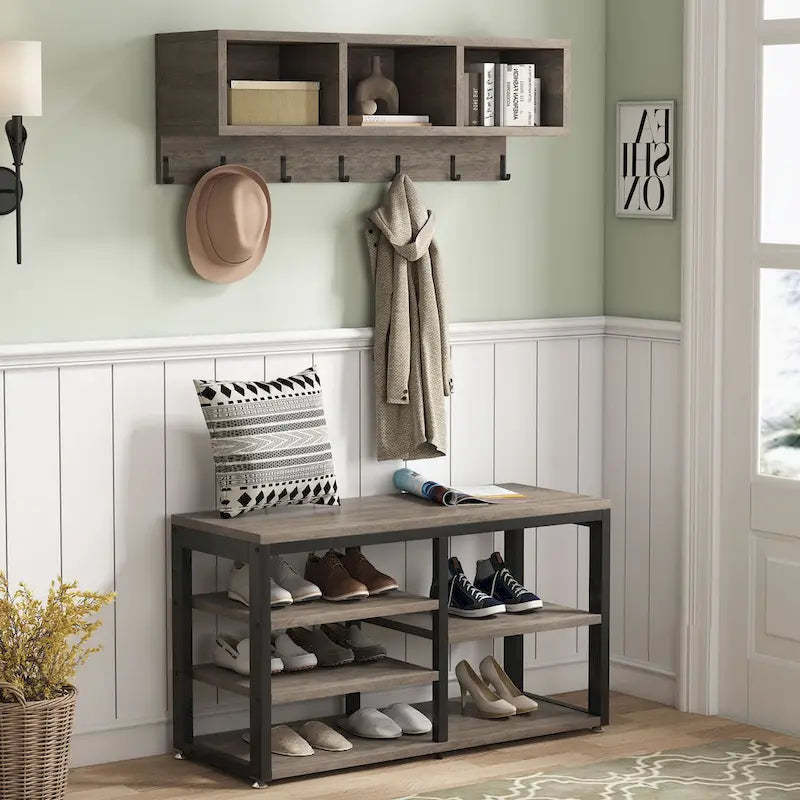 Industrial Black Metal Coat Rack with Shoe Bench - 5-in-1 Entryway Organizer