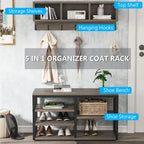 Industrial Black Metal Coat Rack with Shoe Bench - 5-in-1 Entryway Organizer