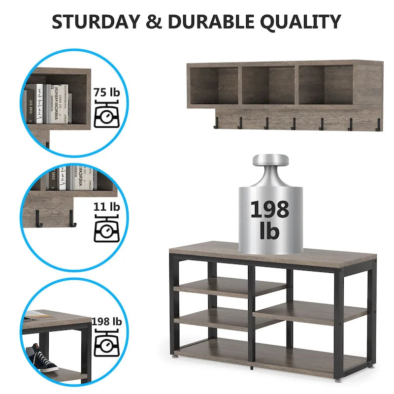 Industrial Black Metal Coat Rack with Shoe Bench - 5-in-1 Entryway Organizer
