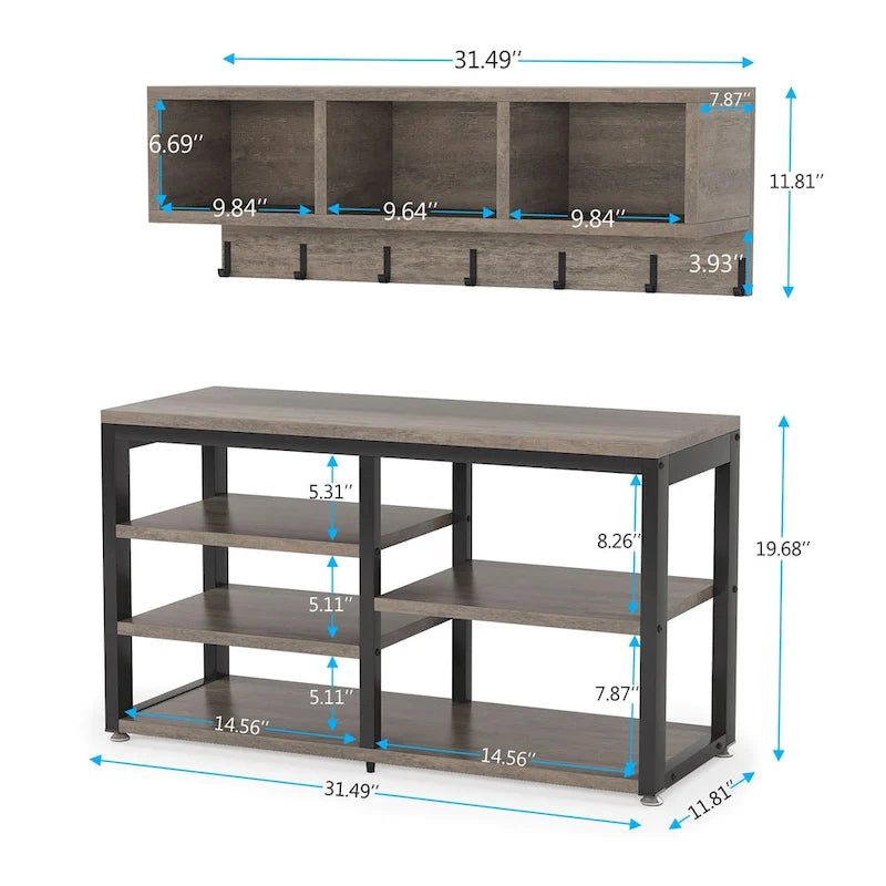 Industrial Black Metal Coat Rack with Shoe Bench - 5-in-1 Entryway Organizer