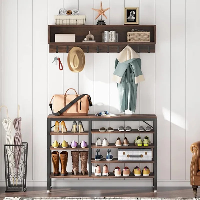 Industrial Black Metal Coat Rack with Shoe Bench - 5-in-1 Entryway Organizer