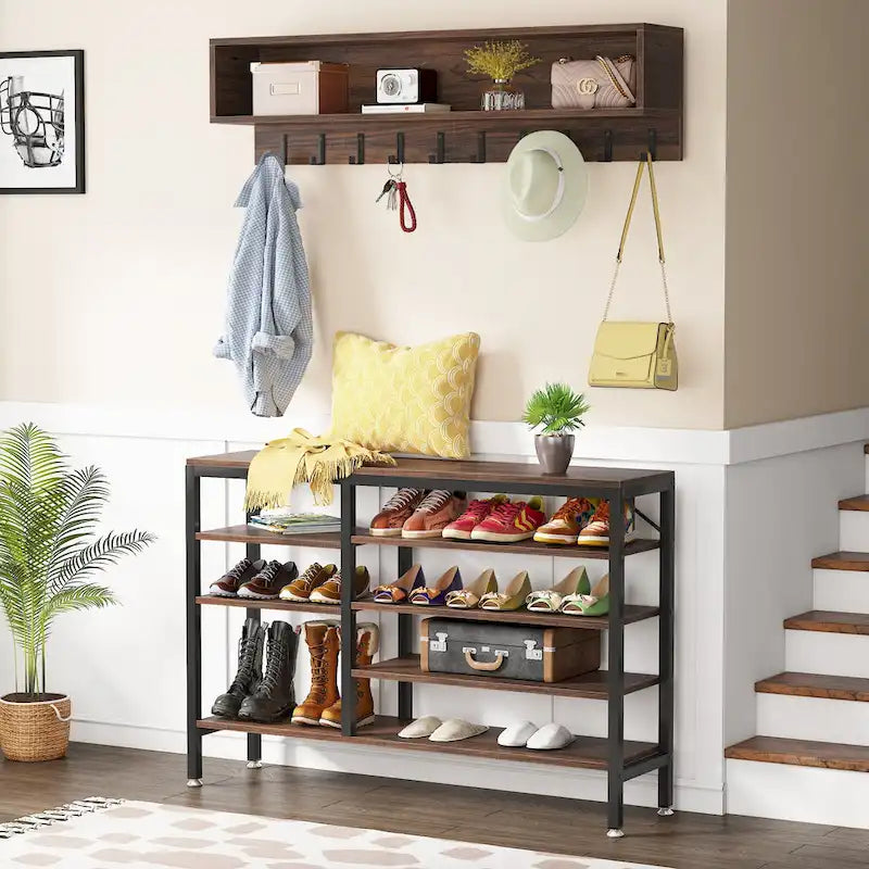 Industrial Black Metal Coat Rack with Shoe Bench - 5-in-1 Entryway Organizer