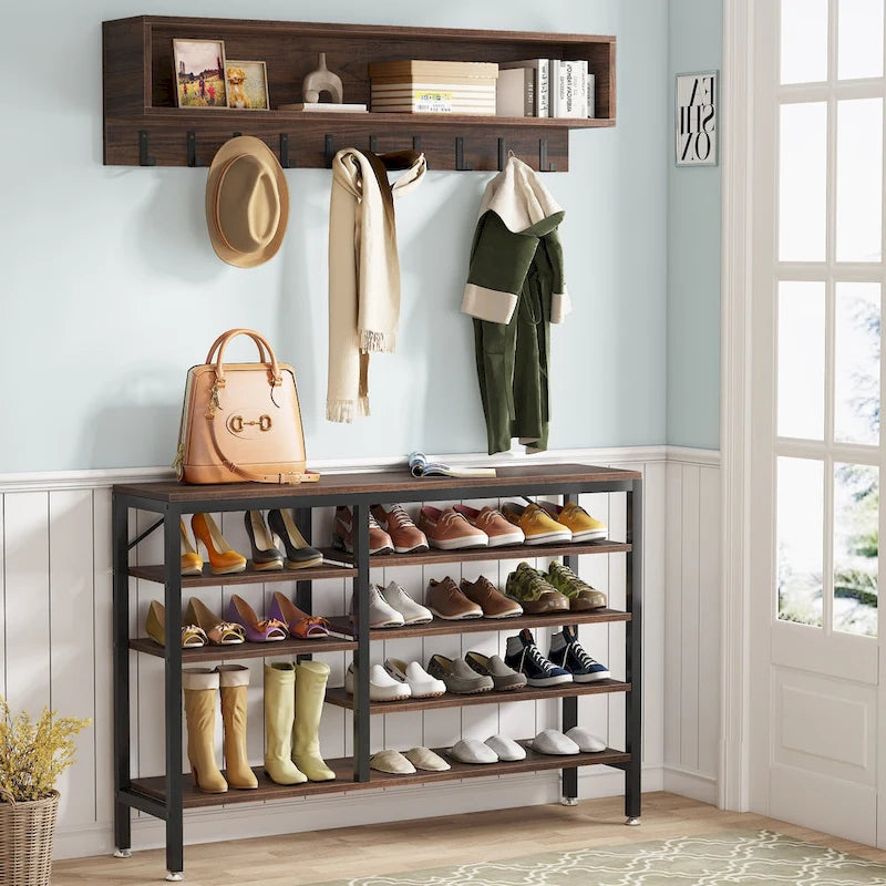 Industrial Black Metal Coat Rack with Shoe Bench - 5-in-1 Entryway Organizer