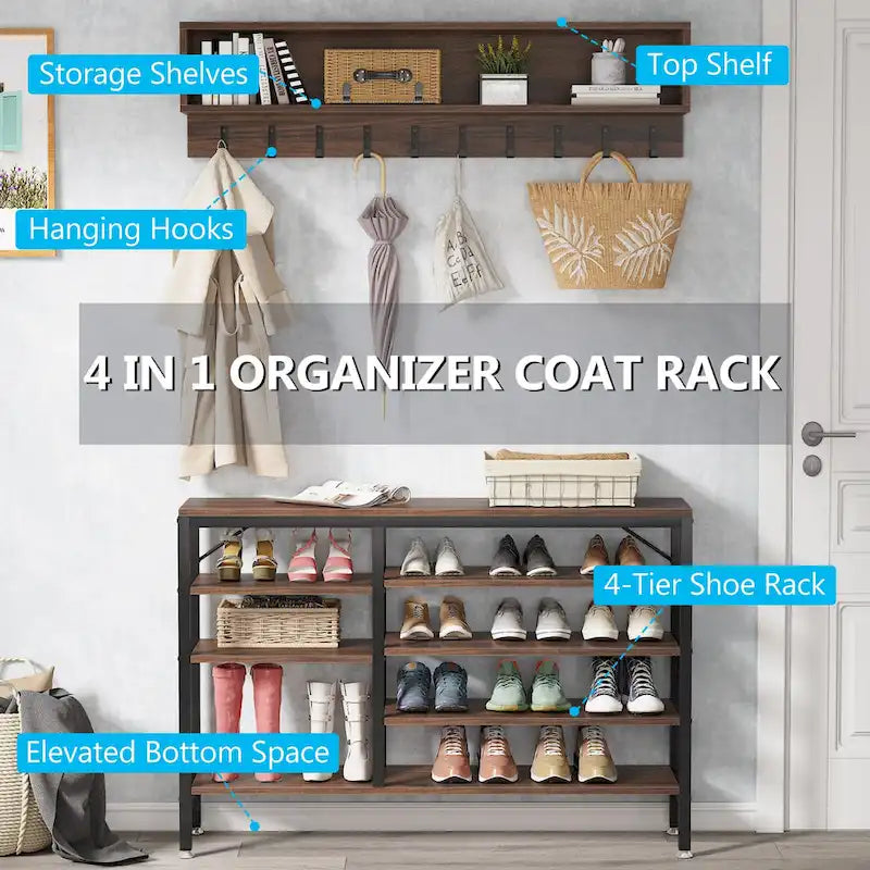 Industrial Black Metal Coat Rack with Shoe Bench - 5-in-1 Entryway Organizer