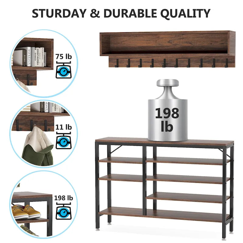 Industrial Black Metal Coat Rack with Shoe Bench - 5-in-1 Entryway Organizer
