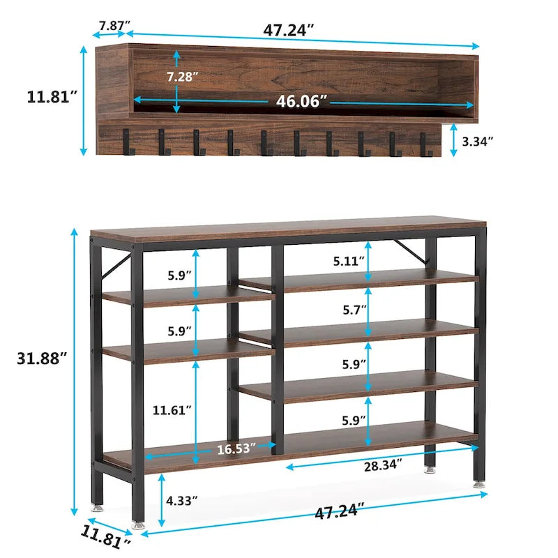 Industrial Black Metal Coat Rack with Shoe Bench - 5-in-1 Entryway Organizer
