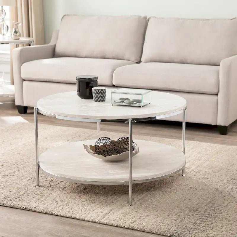 Round Faux Marble Coffee Table with Shelf - Champagne Gold - 2-4 People