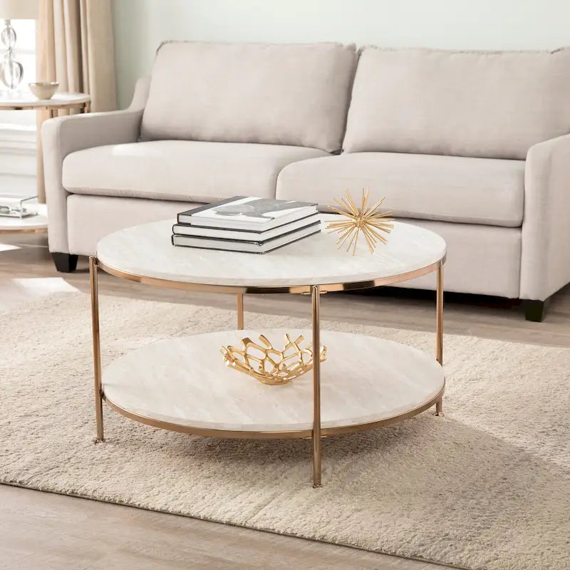 Round Faux Marble Coffee Table with Shelf - Champagne Gold - 2-4 People