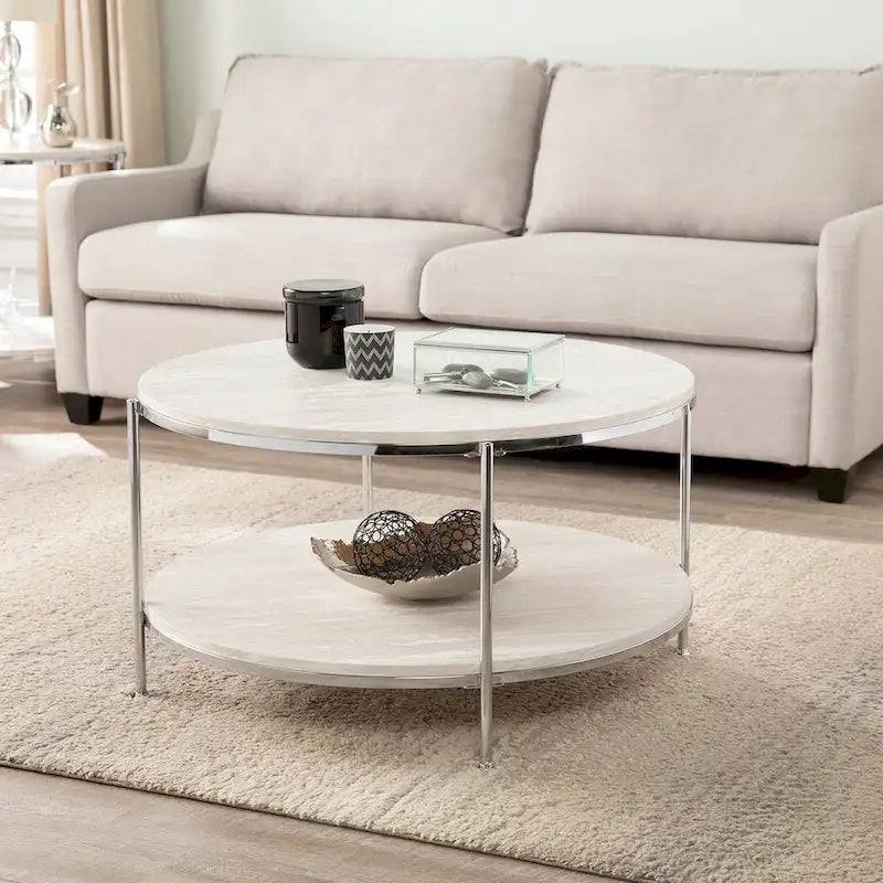 Round Faux Marble Coffee Table with Shelf - Champagne Gold - 2-4 People