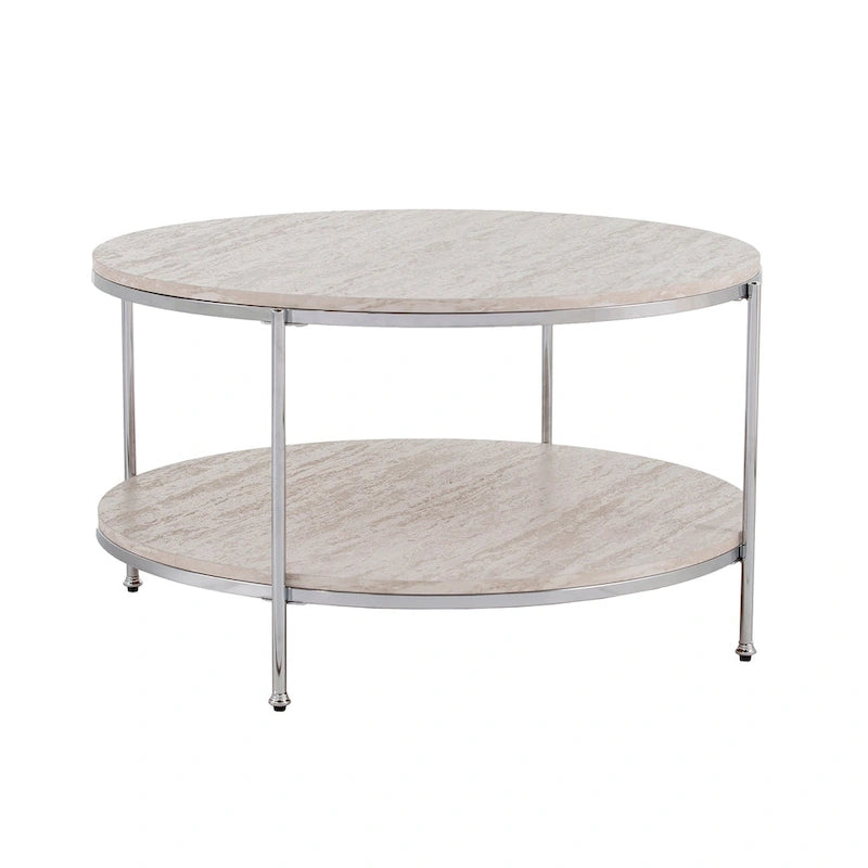 Round Faux Marble Coffee Table with Shelf - Champagne Gold - 2-4 People