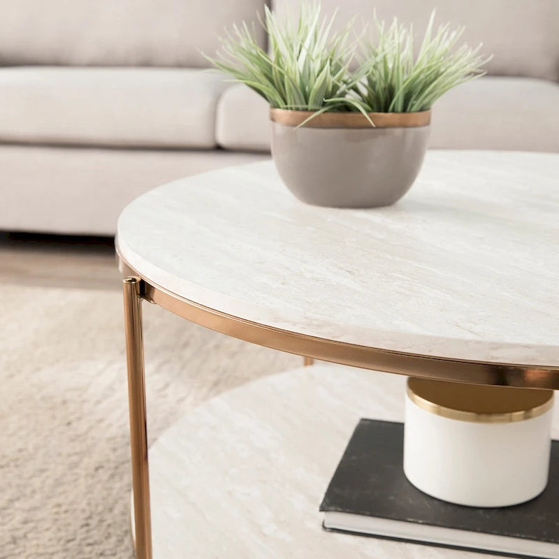 Round Faux Marble Coffee Table with Shelf - Champagne Gold - 2-4 People