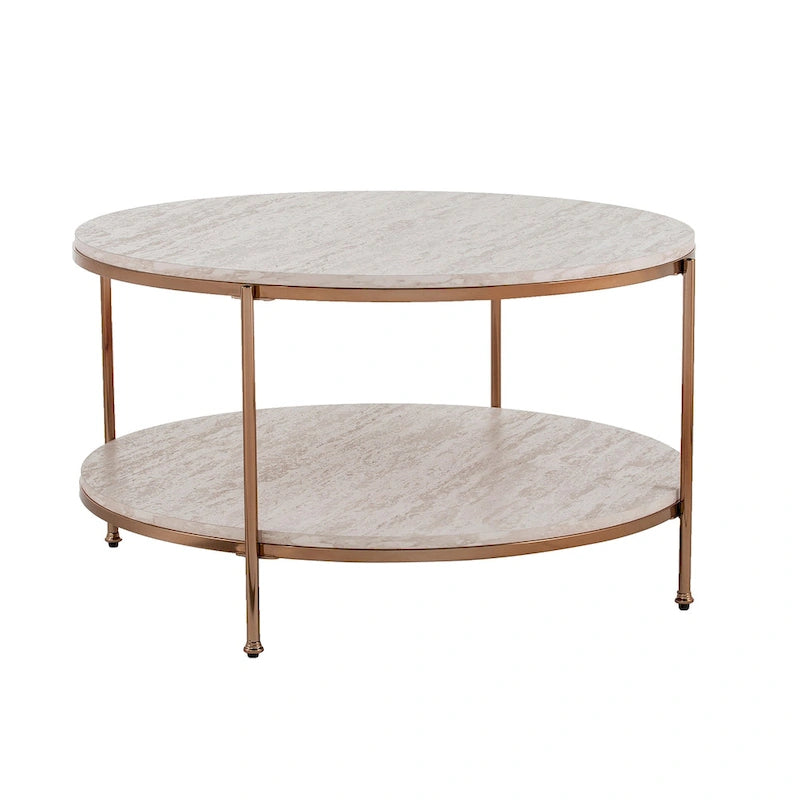 Round Faux Marble Coffee Table with Shelf - Champagne Gold - 2-4 People