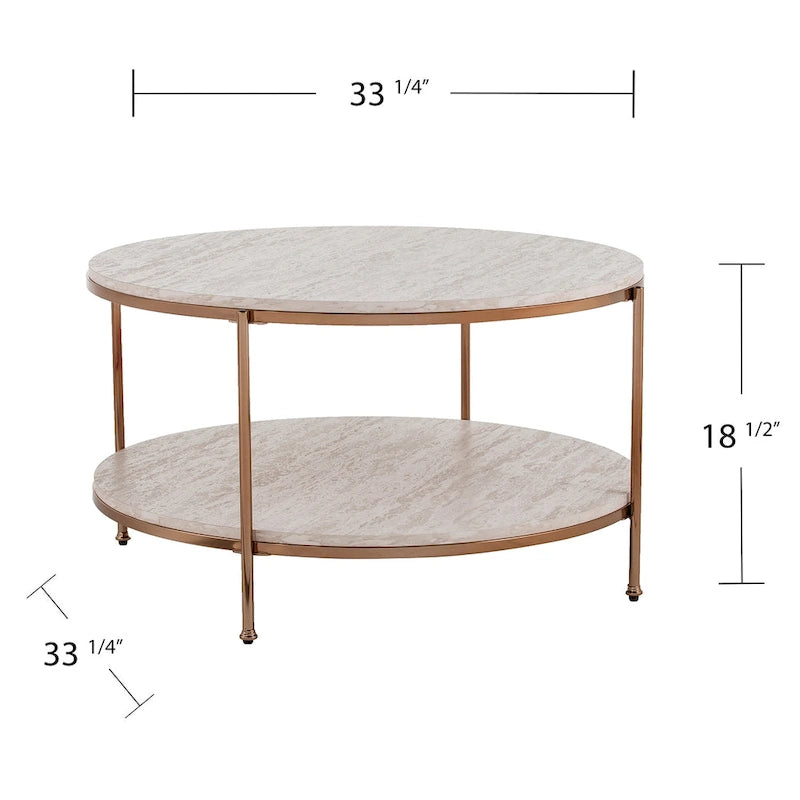 Round Faux Marble Coffee Table with Shelf - Champagne Gold - 2-4 People