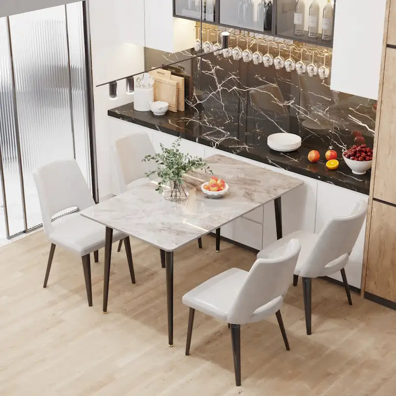 6 Seater Kitchen Dining Table Modern Marble Tabletop Rectangular with Tapered Metal Legs